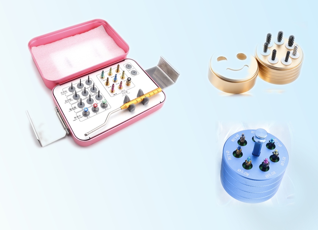 Three new Majestic implant surgery kits: pink broken-screw removal case, gold bone contouring bur holder and blue peri-implant bur holder